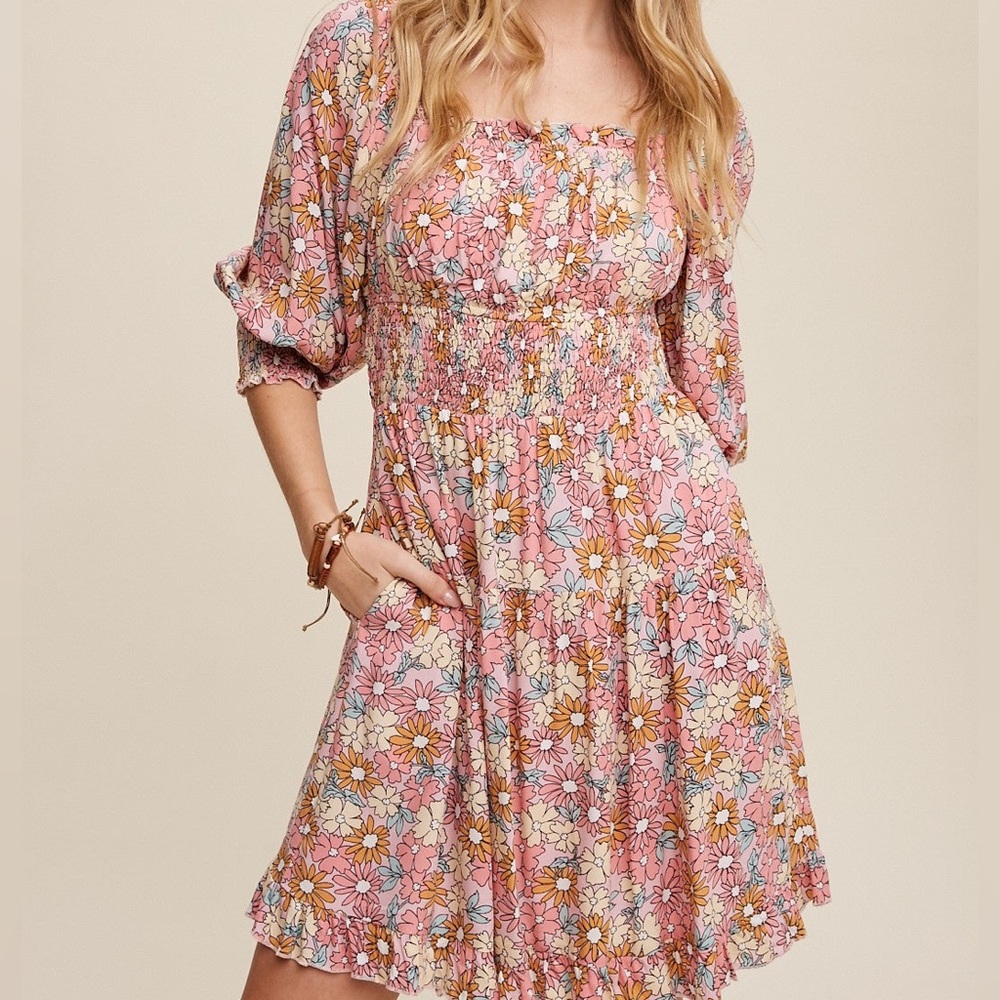 Roolee Pink Flower Print Square Neck And Puff Sleeve Dress size small